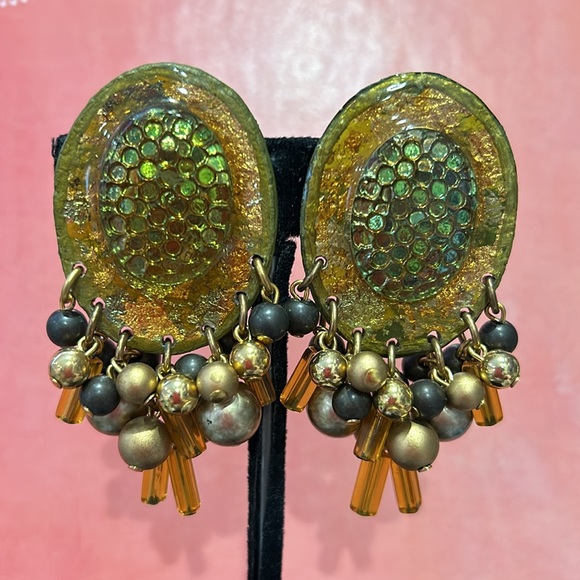 Vintage IKARAMI Iridescent Amber And Gold Beaded Earrings-Boutique - Picture 1 of 7